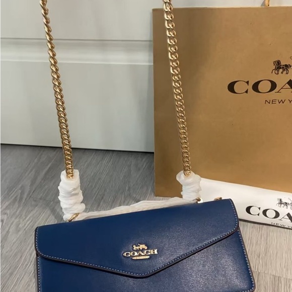 Coach CBI98 Klare Envelope Crossbody Bag Shiny Refined Calf Leather Deep Blue - Picture 1 of 8